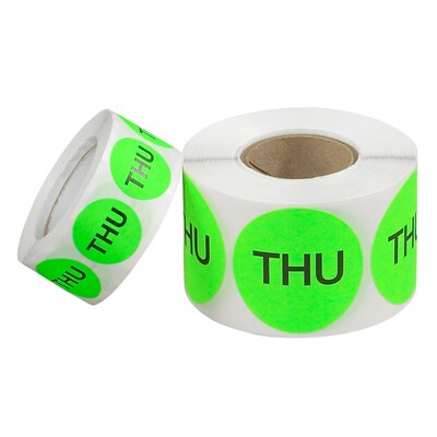 Tape Logic 1" Circle "THU" Days of the Week Label, Fluorescent Green, 500/Roll