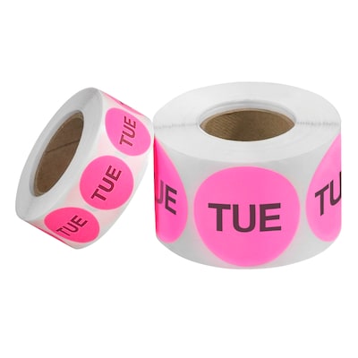 Tape Logic 1" Circle "TUE" Days of the Week Label, Fluorescent Pink, 500/Roll
