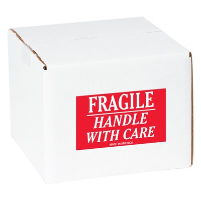 Tape Logic Labels, "Fragile - Handle With Care", 3" x 4", Red/White, 500/Roll