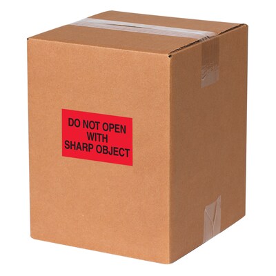 Tape Logic Labels, "Do Not Open with Sharp Object", 2 x 3", Fluorescent Red, 500/Roll (DL1618)