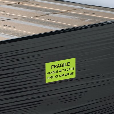 Tape Logic Labels, "Fragile Handle With Care High Claim Value", 3 x 5", Fluorescent Green, 500/Roll (DL1641)