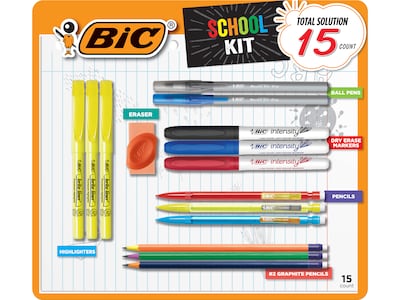 BIC School Kit Pen, Pencil, and Highlighter Set, Assorted Inks, 15/Pack (WX1ST097-AST)