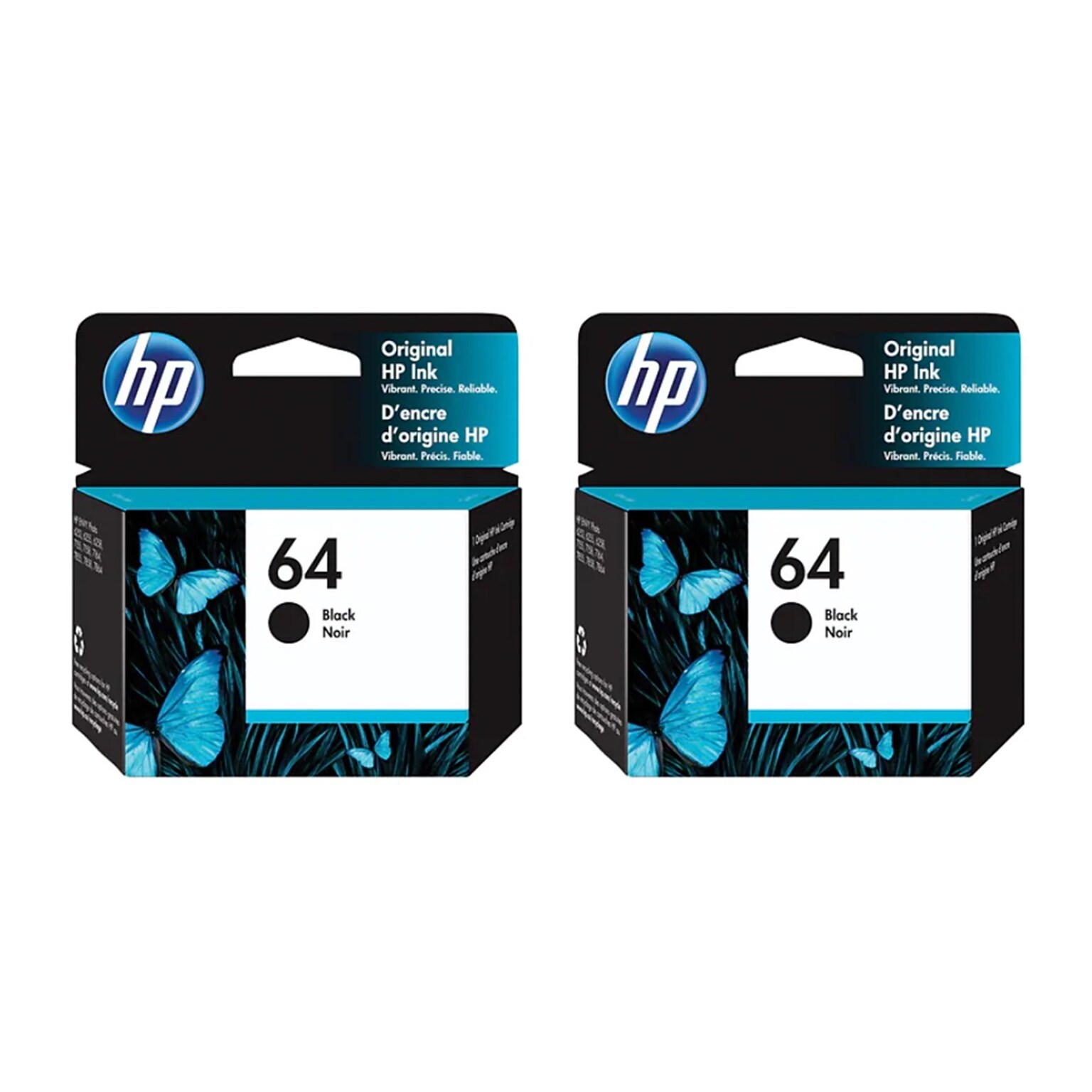 HP 64 Black Original Ink Cartridges, Standard Yield, 2-Pack