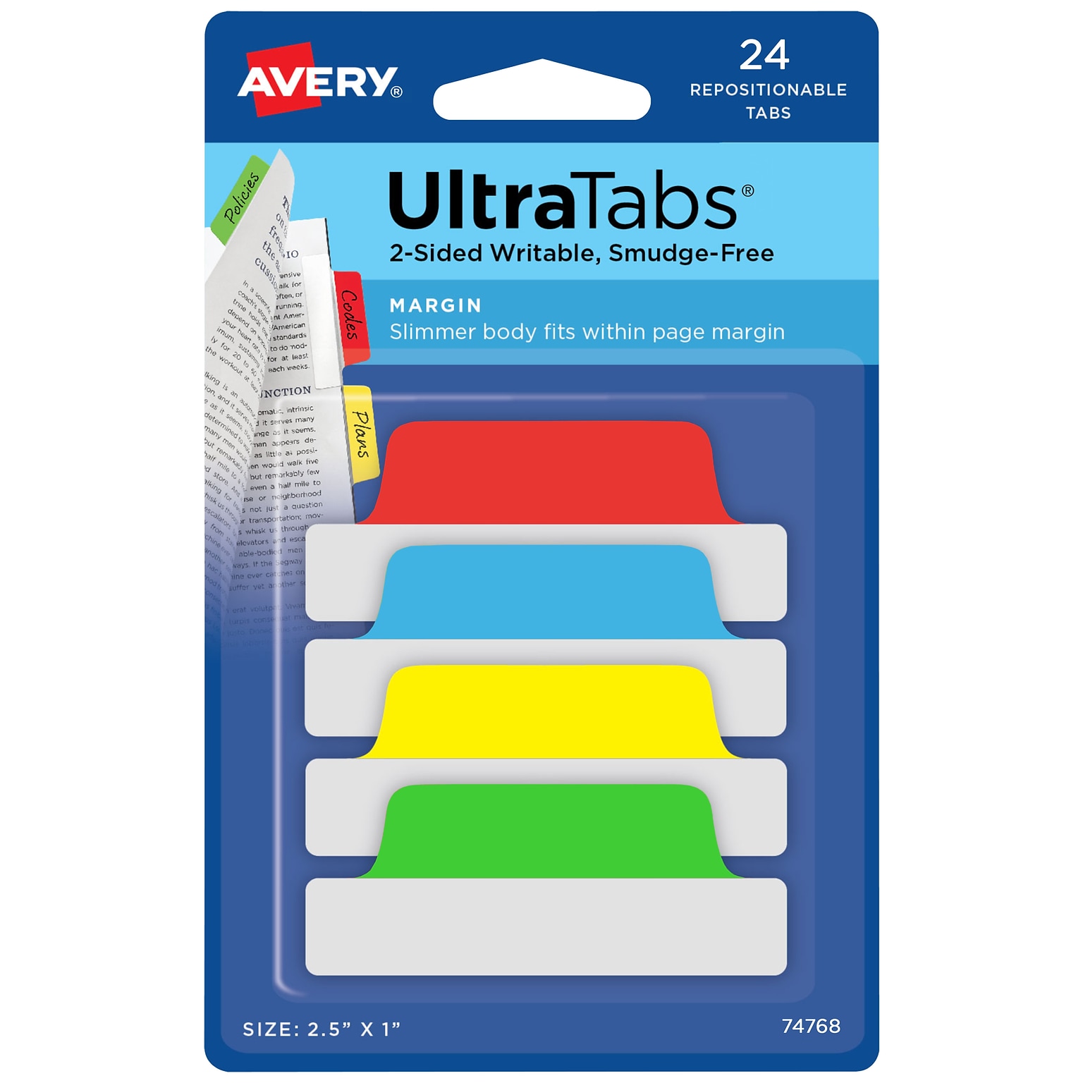 Avery UltraTabs Repositionable Margin Index Tabs, Primary Colors, 24 Tabs/Pack (74768)