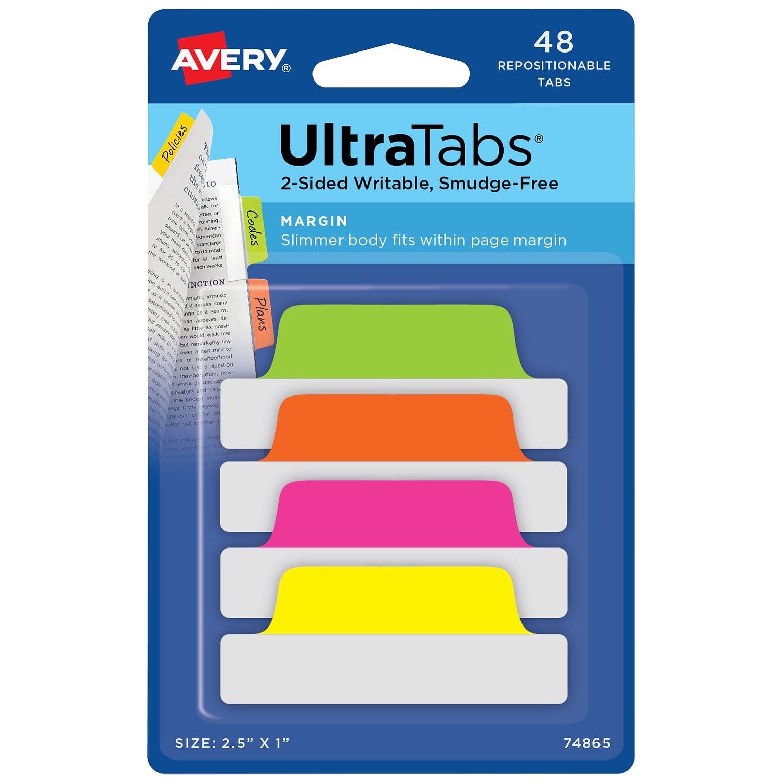 Avery UltraTabs 2.5 x 1 Margin Tabs, Assorted Neon, 48/Pack (74865)