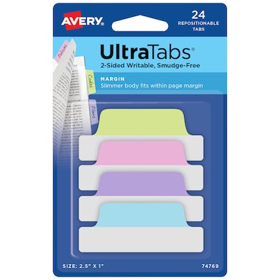 Avery UltraTabs Repositionable Margin Index Tabs, Pastels, 24 Tabs/Pack (74769)