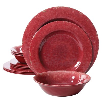 Gibson Studio California Mauna Crackle 12 Piece Melamine Dinnerware Set, Burgundy (9490412)