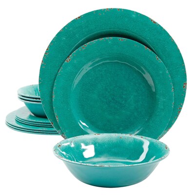 Gibson Studio California Mauna Crackle 12 Piece Melamine Dinnerware Set, Green (9499512)