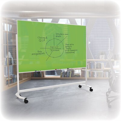 Best-Rite Visionary Move 47.24H x 70.87W Double Sided Glass Whiteboard Easel, White Frame with Green Surface (74973-Green)