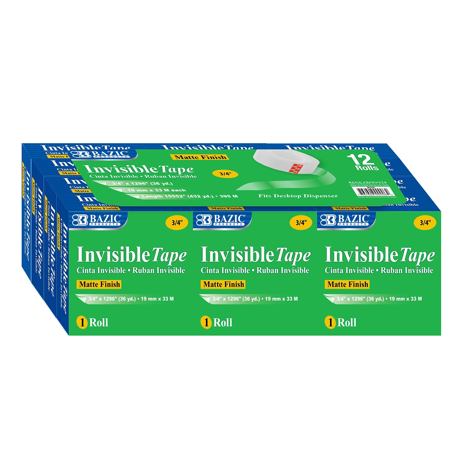 Bazic Invisible Clear Tape Refill, 0.75 x 27.77 yds., 12 Rolls/Pack (BAZ906)