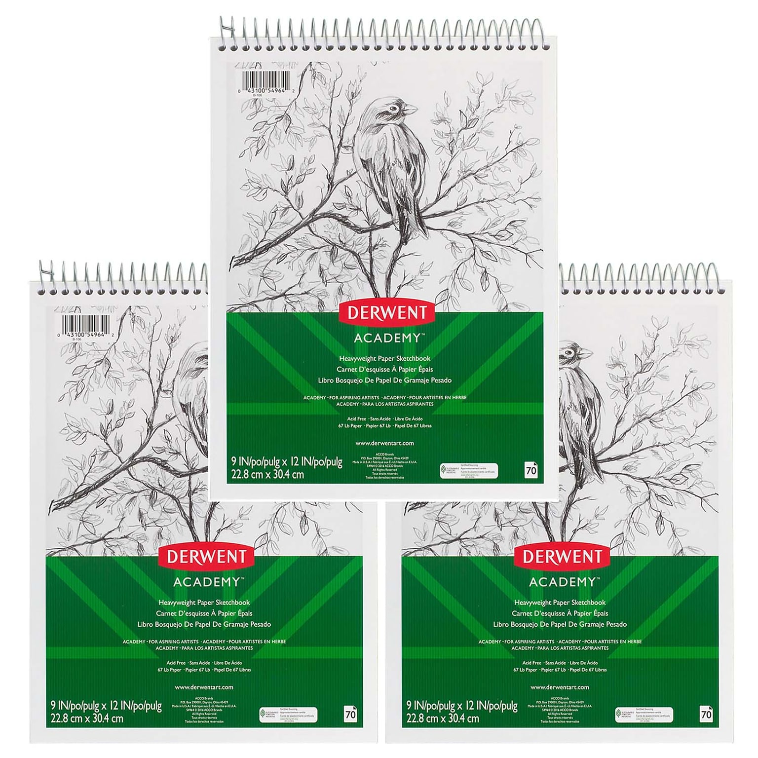 Mead Derwent Academy 9 x 12, Multiple Media Wirebound Sketchbook, 70 Sheets, Pack of 3 (MEA54964-3)