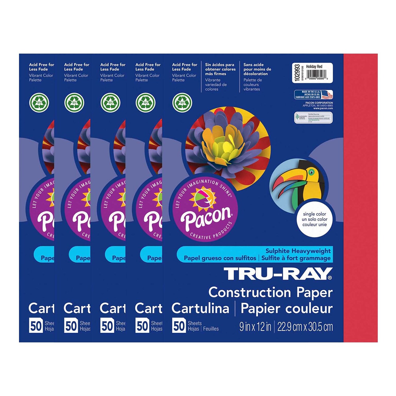 Tru-Ray 9 x 12 Construction Paper, Holiday Red, 50 Sheets/Pack, 5 Packs/Bundle (PAC102993-5)