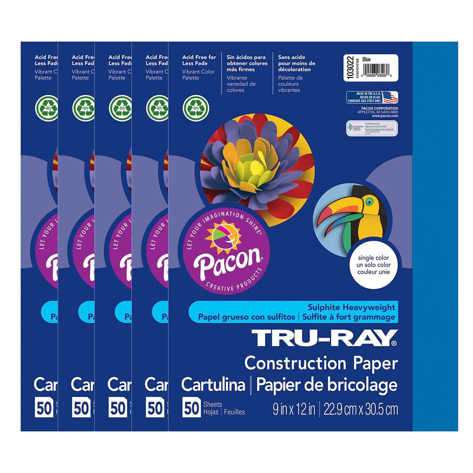 Tru-Ray 9 x 12 Construction Paper, Blue, 50 Sheets/Pack, 5 Packs/Bundle (PAC103022-5)