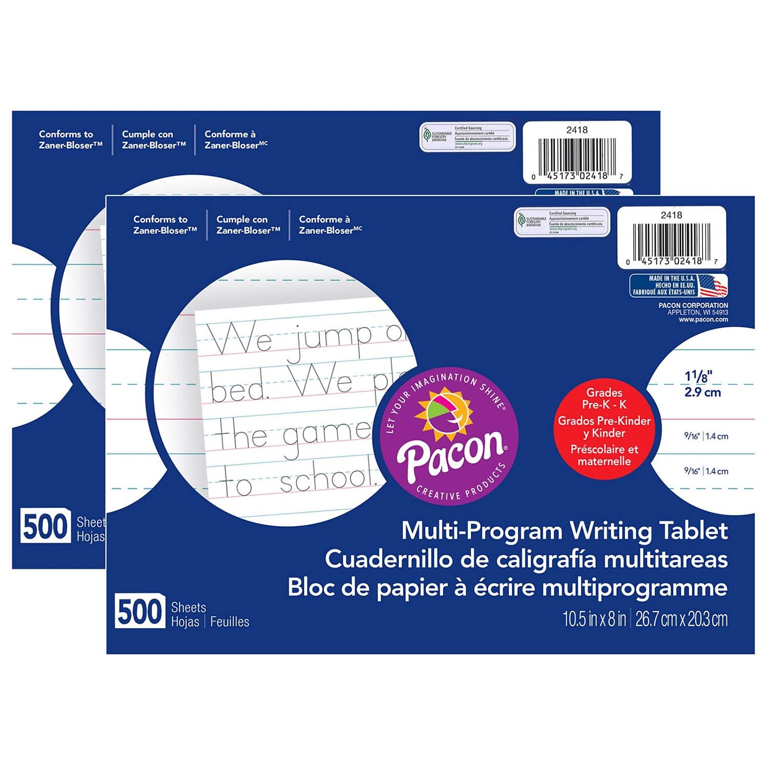 Pacon® Multi-Program Handwriting Paper, 1-1/8 Ruled, 10.5 x 8, White, 500 Sheets Per Pack, 2 Packs (PAC2418-2)