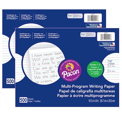 Pacon® Multi-Program Handwriting Paper, 1/2 Ruled, 10-1/2 x 8, White, 500 Sheets Per Pack, 2 Pack