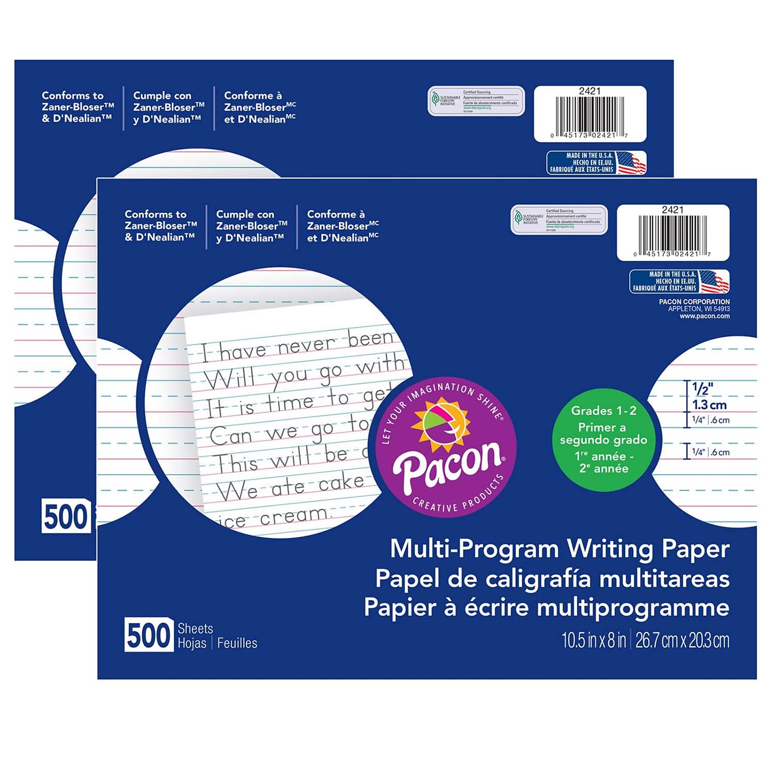 Pacon® Multi-Program Handwriting Paper, 1/2 Ruled, 10-1/2 x 8, White, 500 Sheets Per Pack, 2 Packs (PAC2421-2)