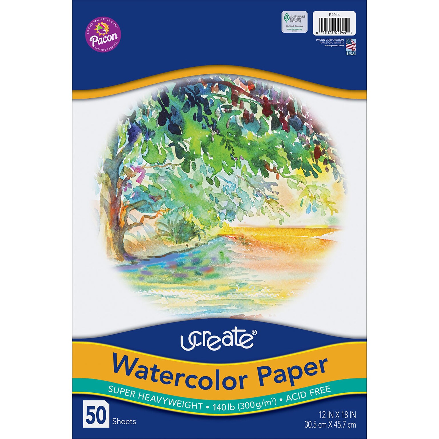 UCreate Watercolor Paper, 140 lb., 12 x 18, White, 50 /Pack (PAC4944)