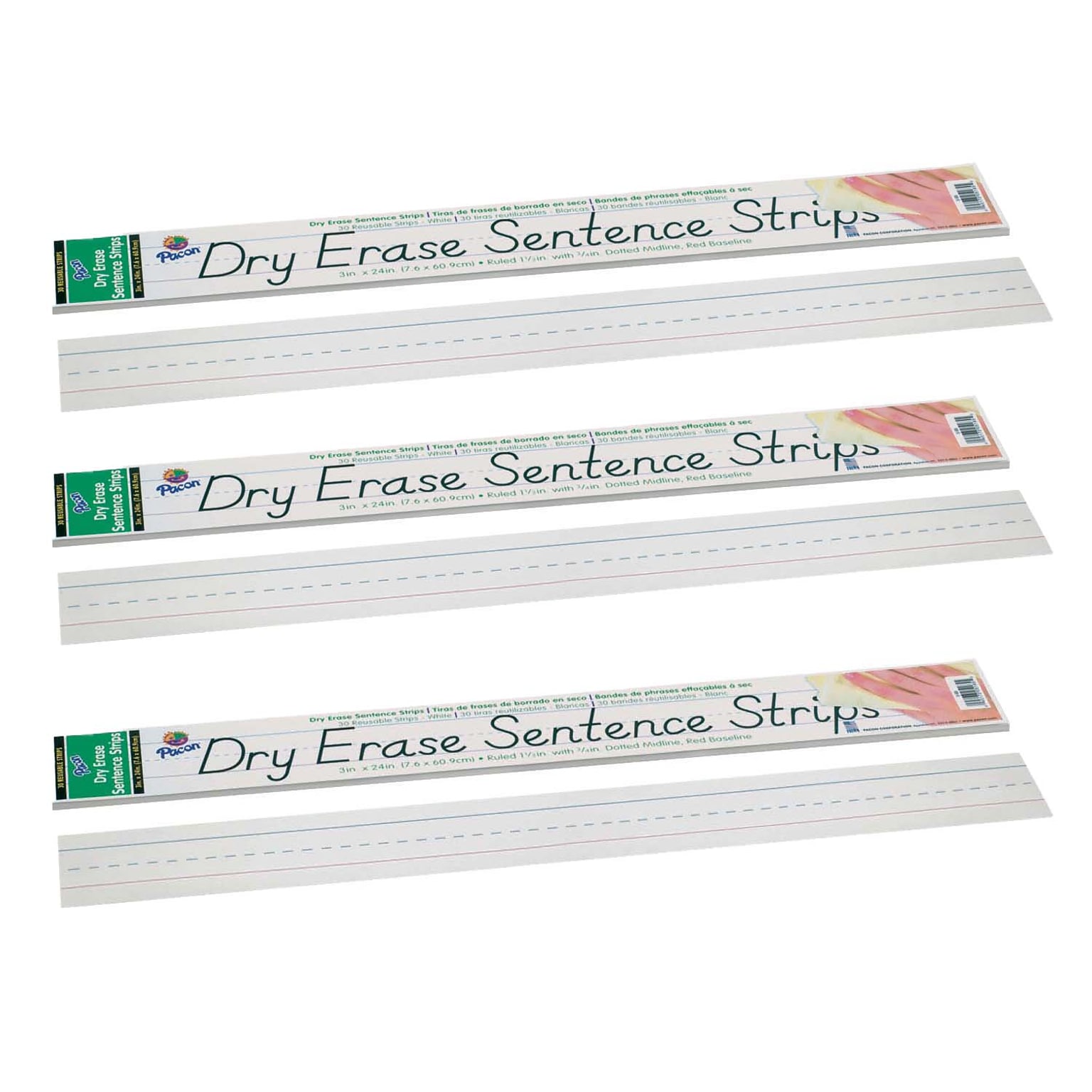 Pacon Dry Erase Sentence Strips, White, 1-1/2 x 3/4 Ruled, 3 x 24, 30 Per Pack, 3 Packs (PAC5185-3)
