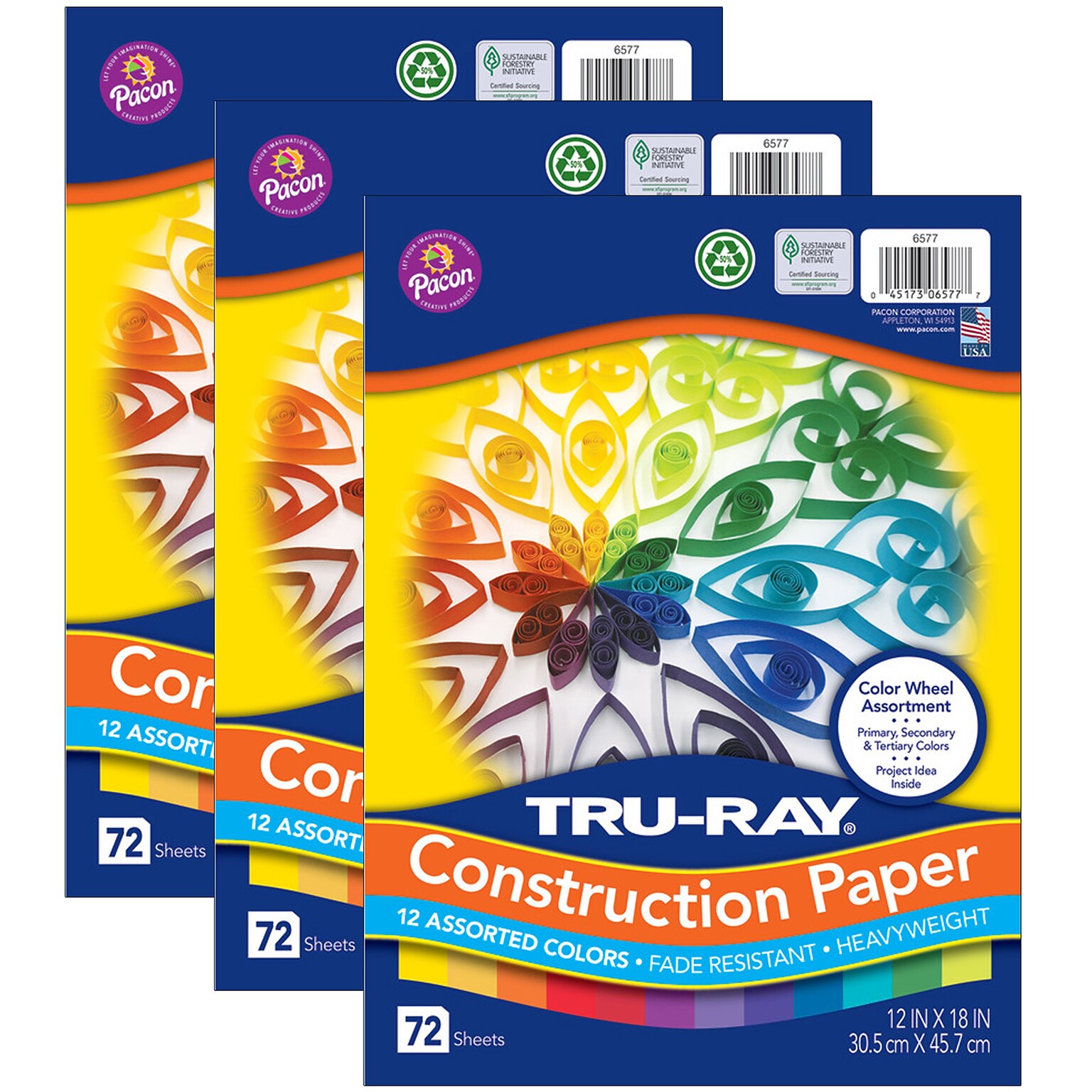Tru-Ray Color Wheel Assortment 12 x 18 Construction Paper, Assorted, 72 Sheets/Pack, 3 Packs/Bundle (PAC6577-3)