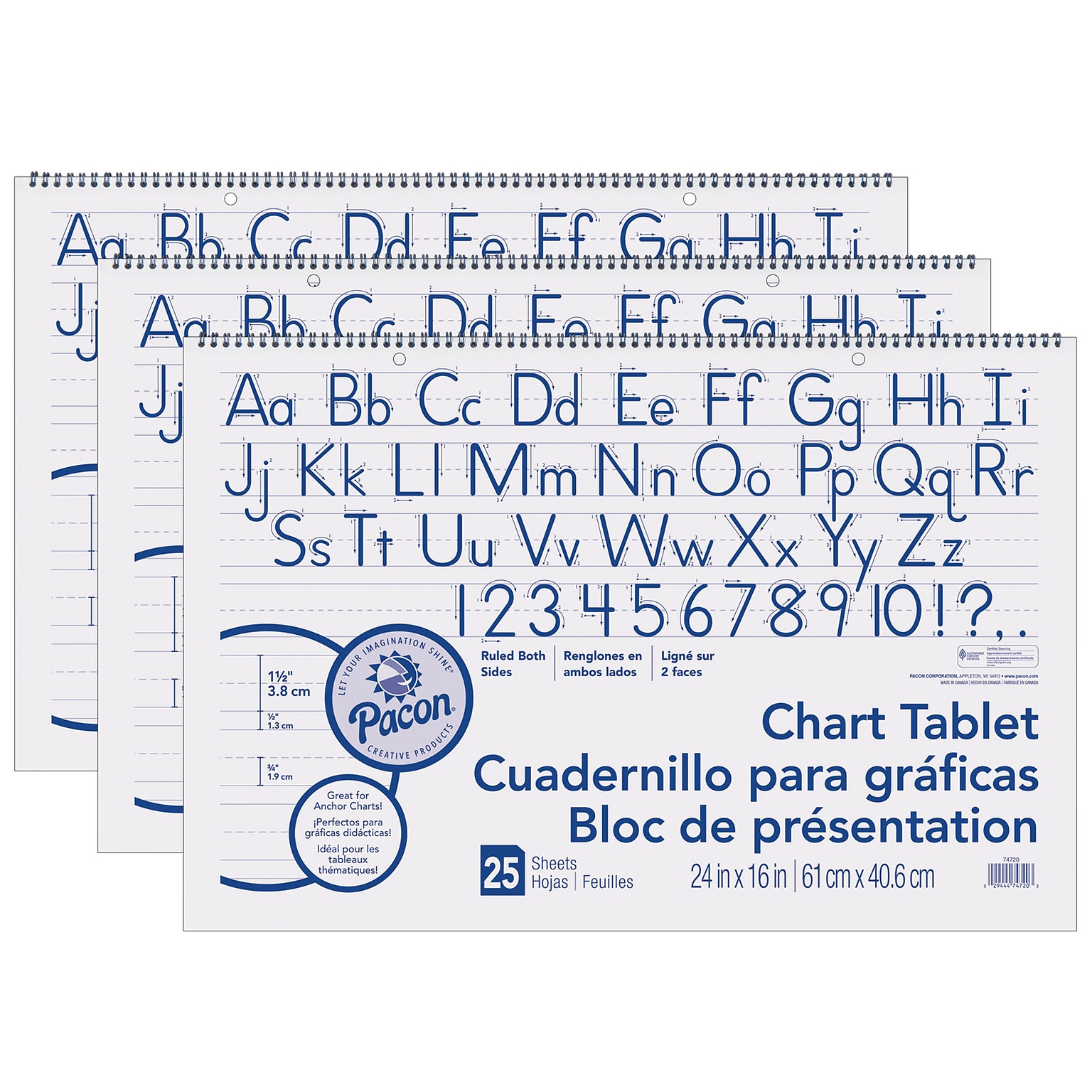 Pacon 24 x 16 Chart Tablet, Manuscript Cover, 1-1/2 Ruled, 25 Sheets, 3/Pack (PAC74720-3)