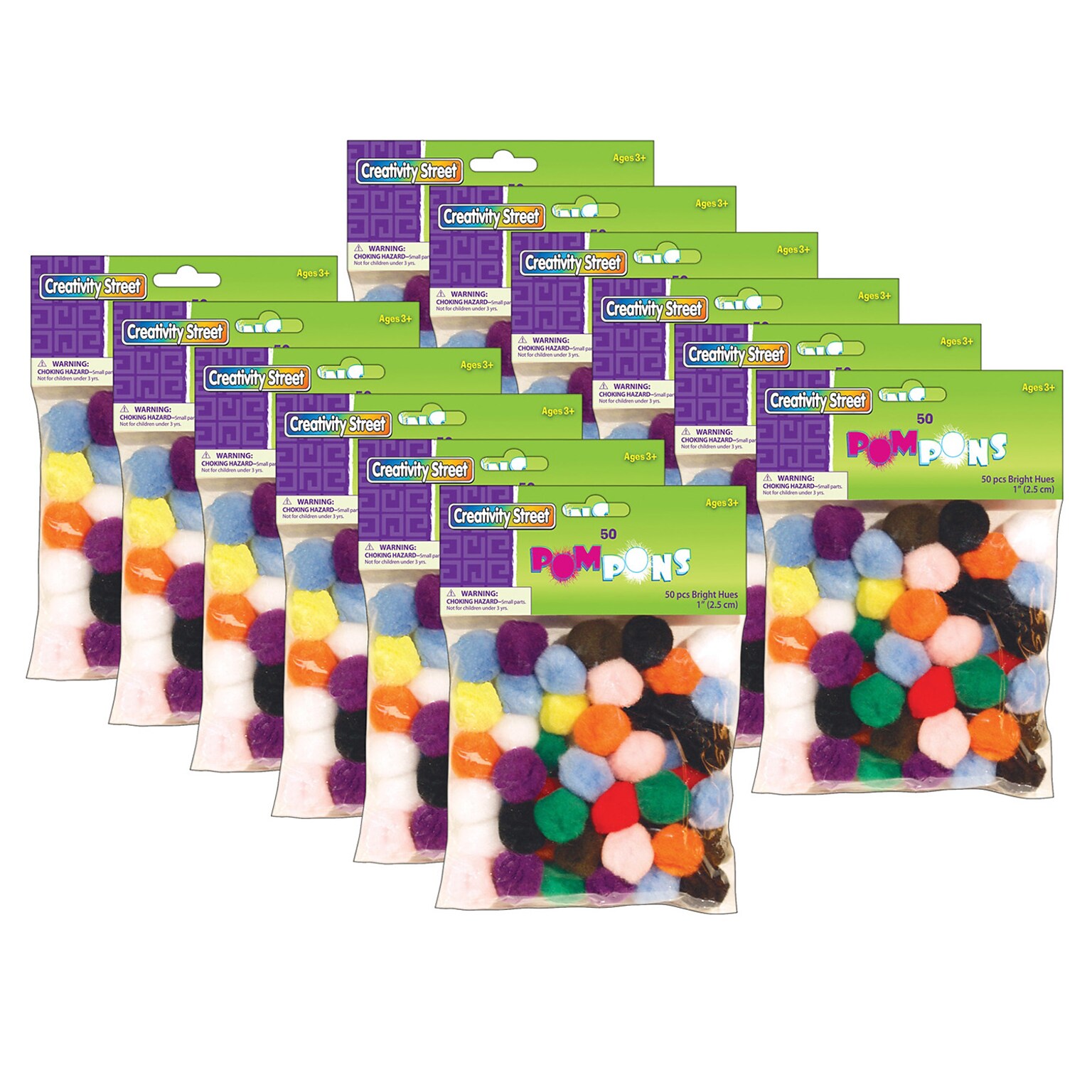 Creativity Street Pom Pons, Bright Hues, 1, 50 Per Pack, 12 Packs (PACAC811301-12)