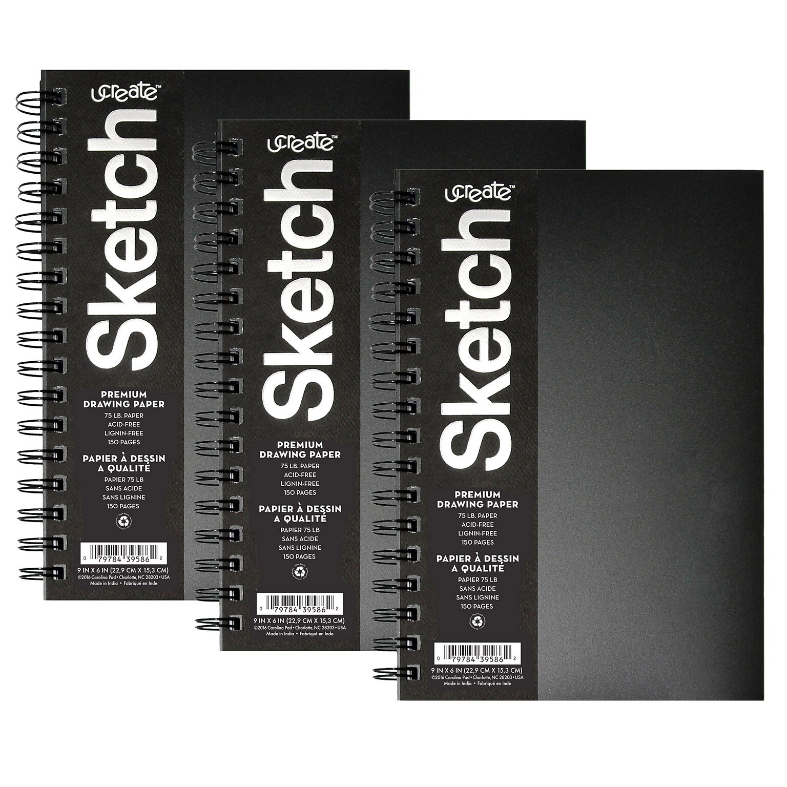 uCreate 6 x 9 Spiral Bound Sketch Book, 75 Sheets/Book, 3/Bundle (PACCAR37089-3)