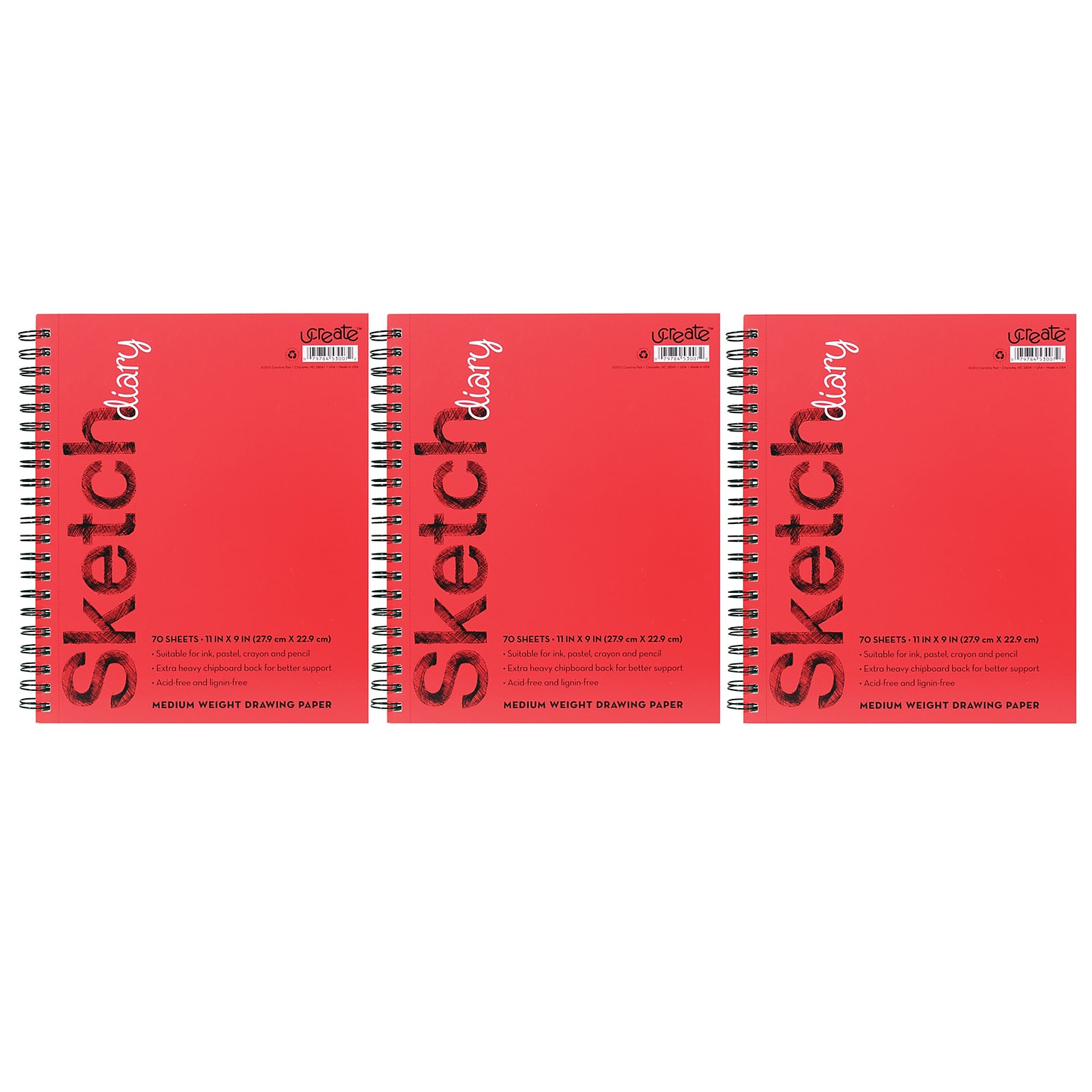 uCreate 9 x 11 Spiral Bound Sketch Book, 70 Sheets/Book, 3/Bundle (PACCAR53007-3)