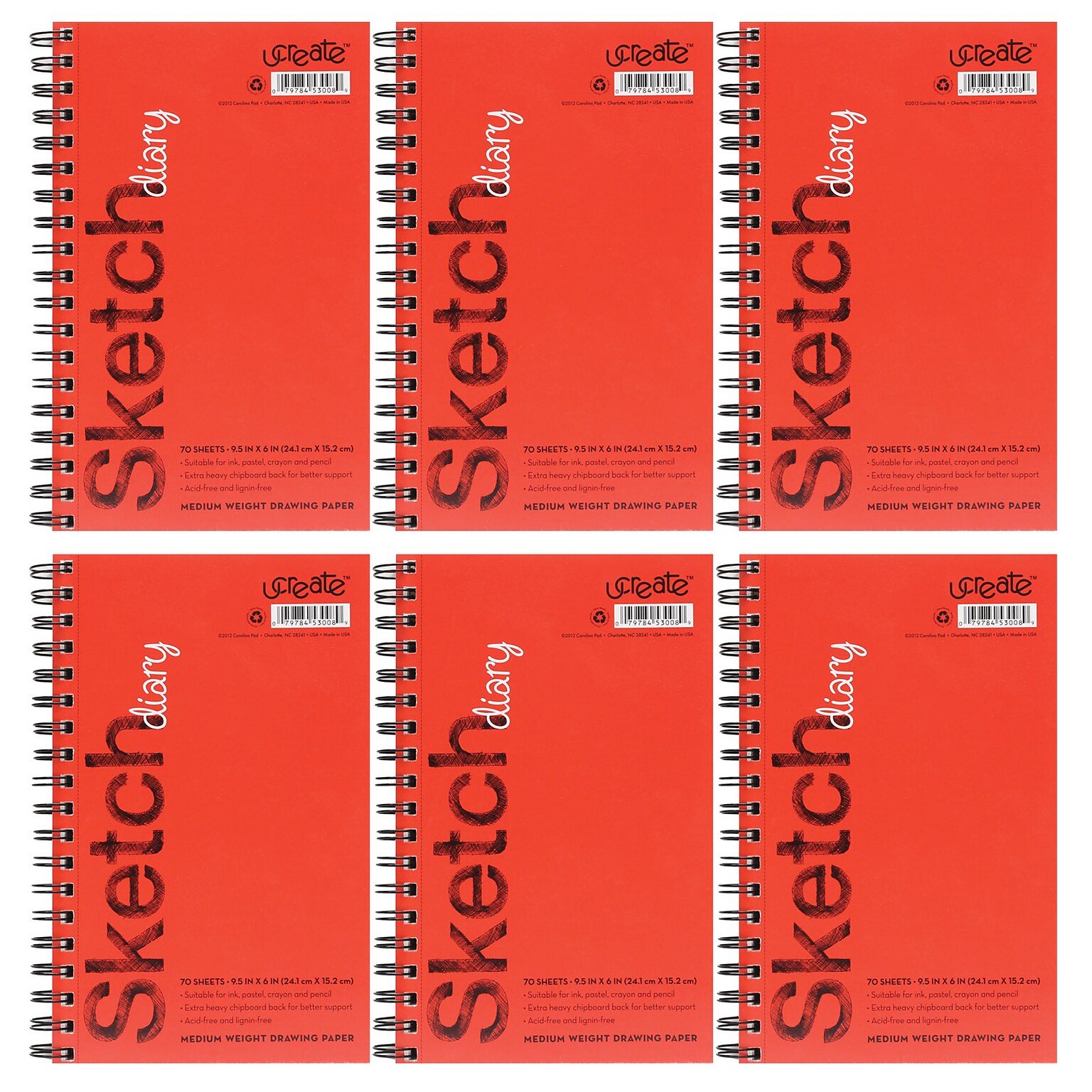 uCreate 6 x 9.5 Spiral Bound Sketch Book, 70 Sheets/Book, 6/Bundle (PACCAR53008-6)