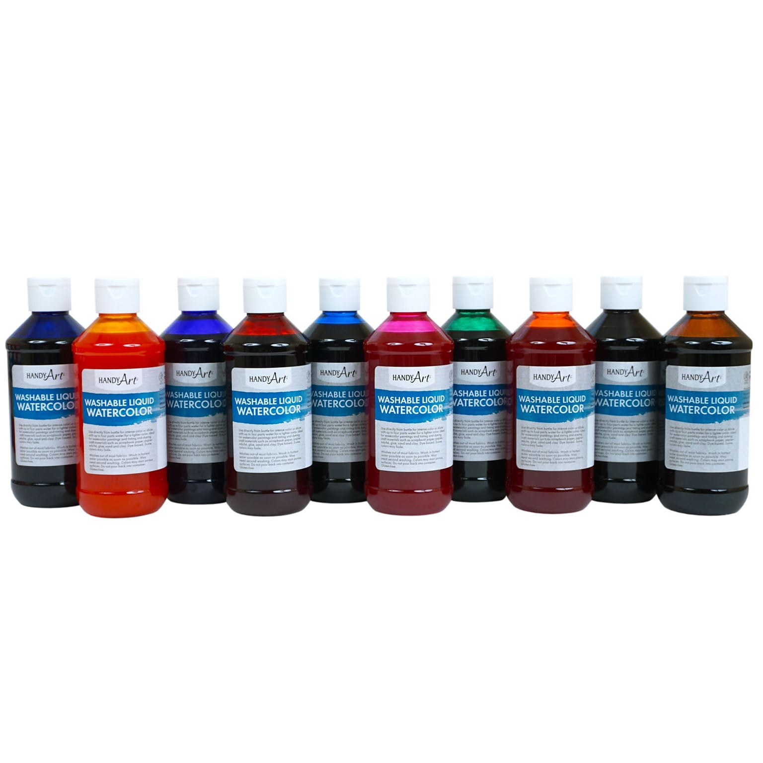 Handy Art Washable Liquid Watercolors, 8 oz. Bottles, Assorted Colors, 10-Color Basic Kit (RPC882275)