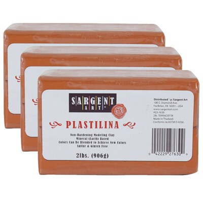 Sargent Art Plastilina Non-Hardening Modeling Clay, Terra Cotta, Grade PK-12, 2 lbs. Per Pack, 3 Packs (SAR227630-3)