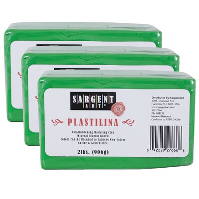 Sargent Art Plastilina Non-Hardening Modeling Clay, Green, Grade PK-12, 2 lbs. Per Pack, 3 Packs (SAR227666-3)