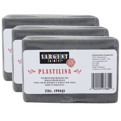 Sargent Art Plastilina Non-Hardening Modeling Clay, Gray, Grade PK-12, 2 lbs. Per Pack, 3 Packs (SAR227684-3)