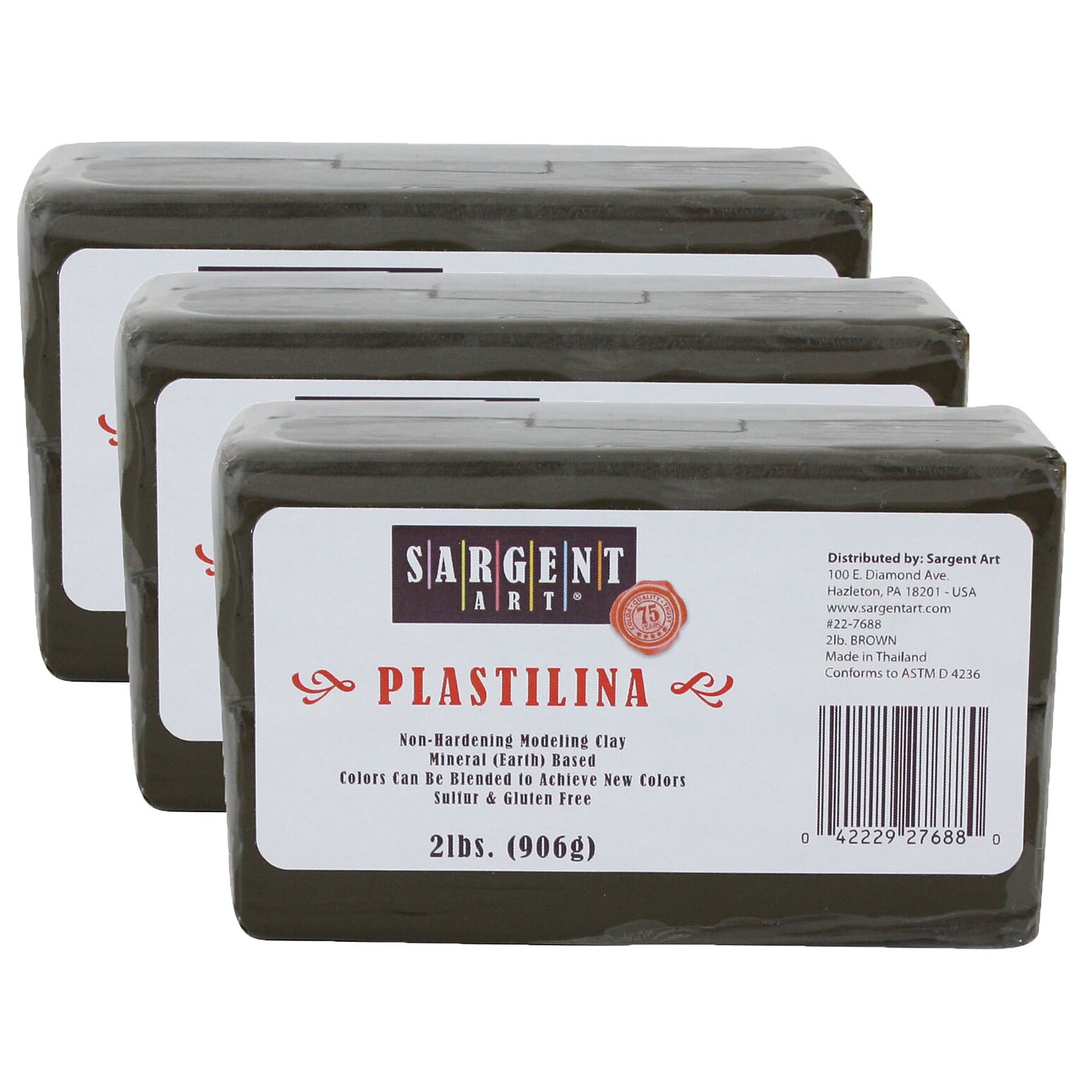 Sargent Art Plastilina Non-Hardening Modeling Clay, Brown, Grade PK-12, 2 lbs. Per Pack, 3 Packs (SAR227688-3)