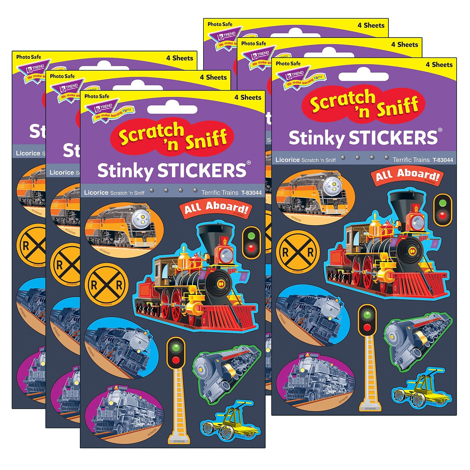 TREND Stinky Stickers, Terrific Trains/Licorice Mixed Shapes, Multicolored, 40/Pack, 6 Packs (T-83044-6)