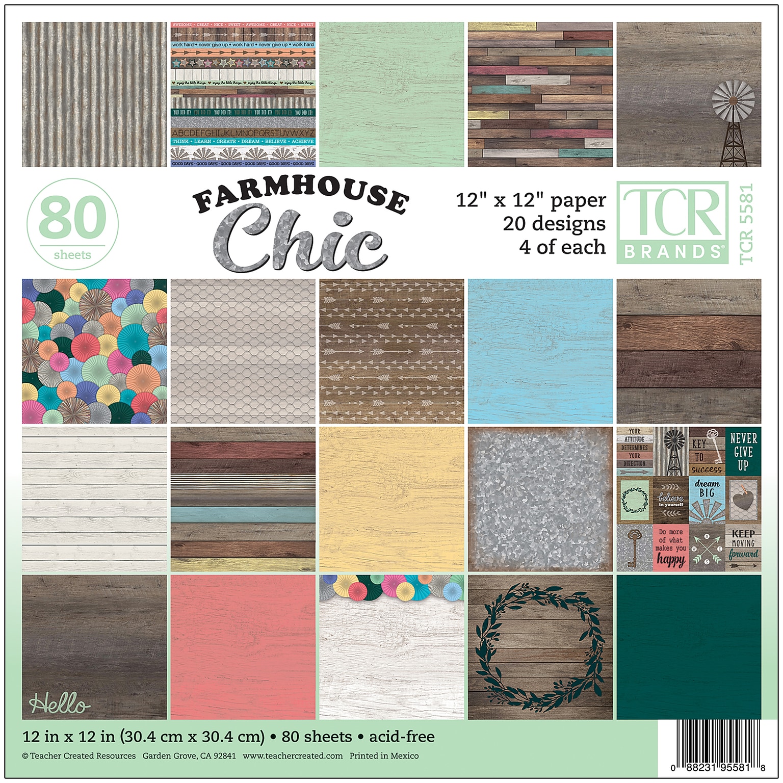Teacher Created Resources Farmhouse Chic Project Paper, 12 x 12, Assorted Colors, 80 Sheets (TCR5581)