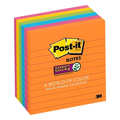 Post-it® Super Sticky Notes, 4 x 4, Energy Boost Collection, Lined, 90 Sheets/Pad, 6 Pads/Pack (675-6SSUC)