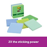 Post-it® Recycled Super Sticky Notes, 4 x 4, Bora Bora Collection, Lined, 90 Sheets/Pad, 6 Pads/Pa