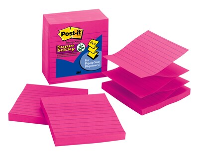 Post-it® Super Sticky Pop-up Notes, 4 x 4, Fuchsia, Lined, 90 Sheets/Pad, 5 Pads/Pack (R440-FFSS)