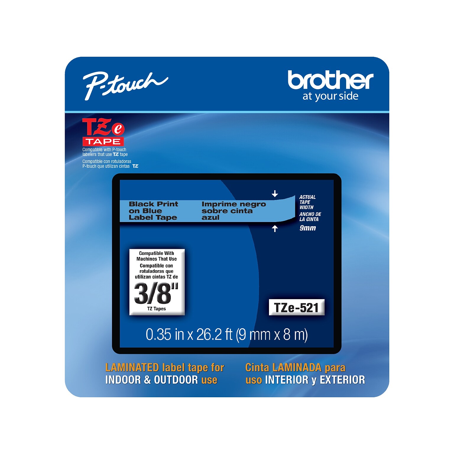 Brother P-touch TZe-521CS Laminated Label Maker Tape, 3/8 x 26-2/10, Black on Blue (TZe-521CS)