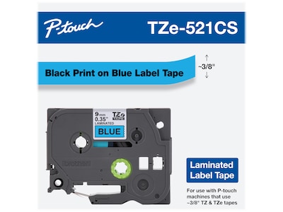 Brother P-touch TZe-521CS Laminated Label Maker Tape, 3/8" x 26-2/10', Black on Blue (TZe-521CS)
