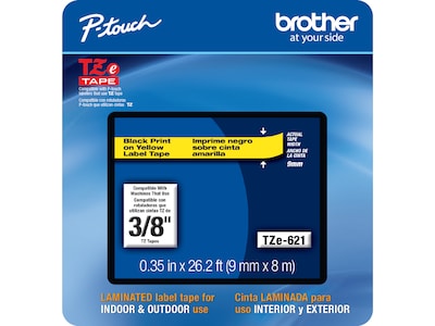 Brother P-touch TZe-621 Label Maker Tape, 0.35W, Yellow/Black