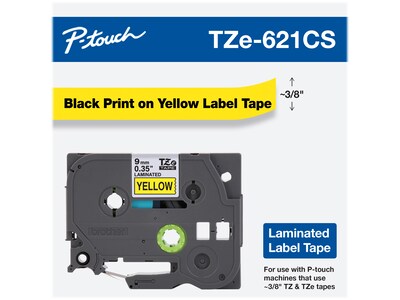 Brother P-touch TZe-621 Label Maker Tape, 0.35"W, Yellow/Black