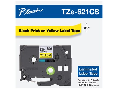 Brother P-touch TZe-621 Label Maker Tape, 0.35W, Yellow/Black