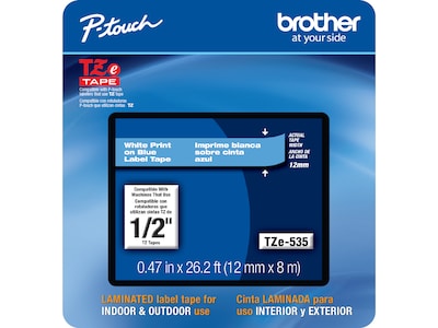 Brother P-touch TZe-535CS Laminated Label Maker Tape, 1/2 x 26-2/10, White on Blue (TZe-535CS)