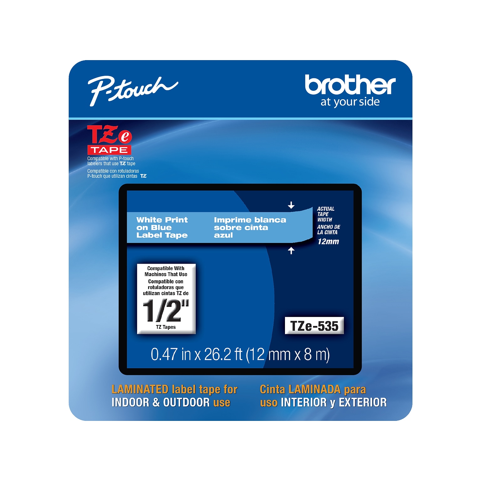 Brother P-touch TZe-535CS Laminated Label Maker Tape, 1/2 x 26-2/10, White on Blue (TZe-535CS)