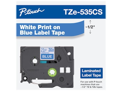 Brother P-touch TZe-535CS Laminated Label Maker Tape, 1/2" x 26-2/10', White on Blue (TZe-535CS)