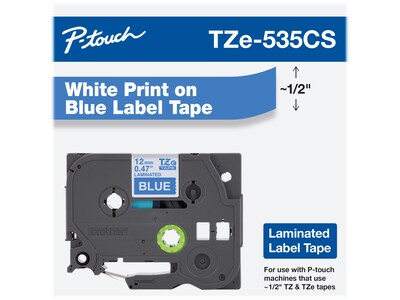 Brother P-touch TZe-535CS Laminated Label Maker Tape, 1/2 x 26-2/10, White on Blue (TZe-535CS)