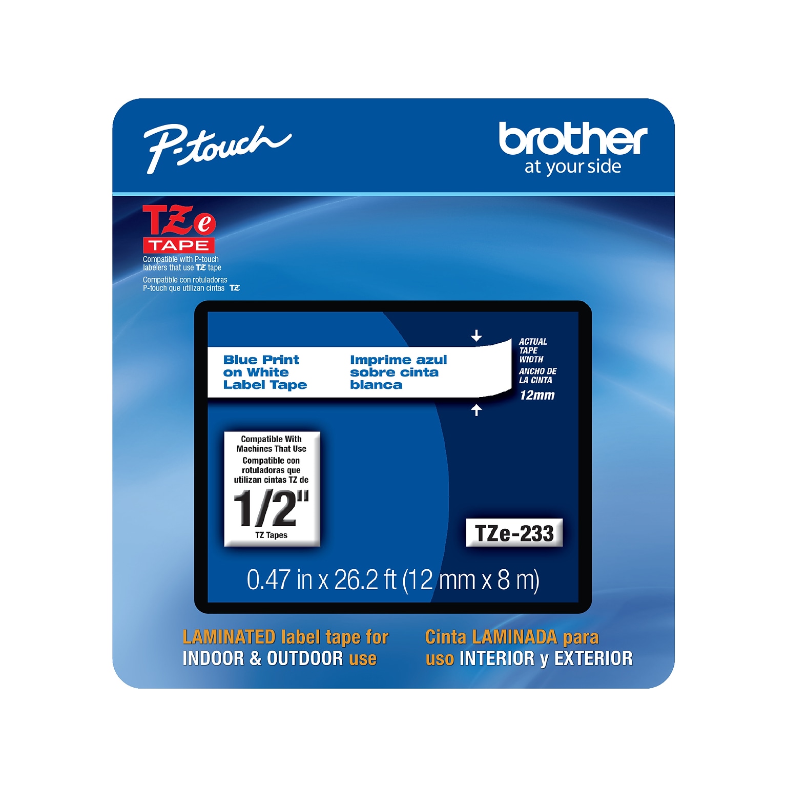 Brother P-touch TZe-233CS Laminated Label Maker Tape, 1/2 x 26-2/10, Blue on White (TZe-233CS)