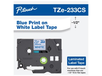 Brother P-touch TZe-233CS Laminated Label Maker Tape, 1/2 x 26-2/10, Blue on White (TZe-233CS)