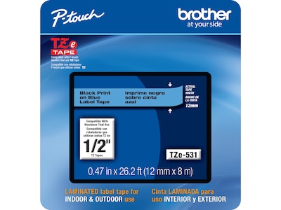 Brother P-touch TZe-531CS Laminated Label Maker Tape, 1/2" x 26-2/10', Black on Blue (TZe-531CS)